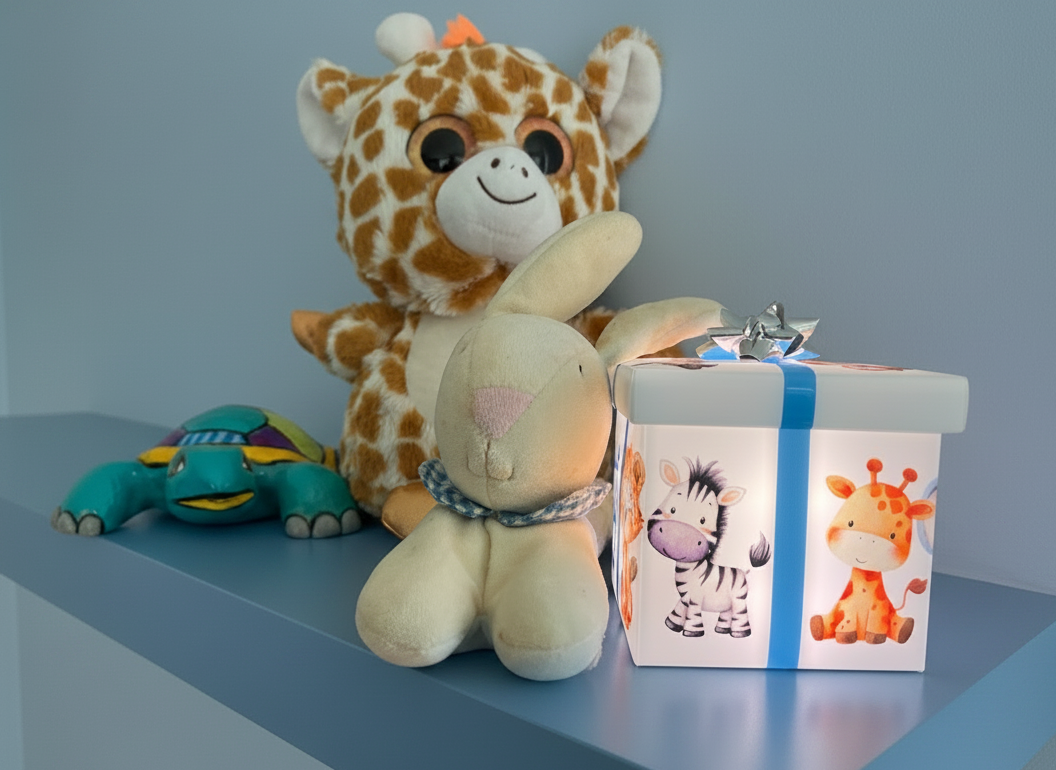 Boîte cadeau lumineuse carismo pour bébé sur une tablette bleu